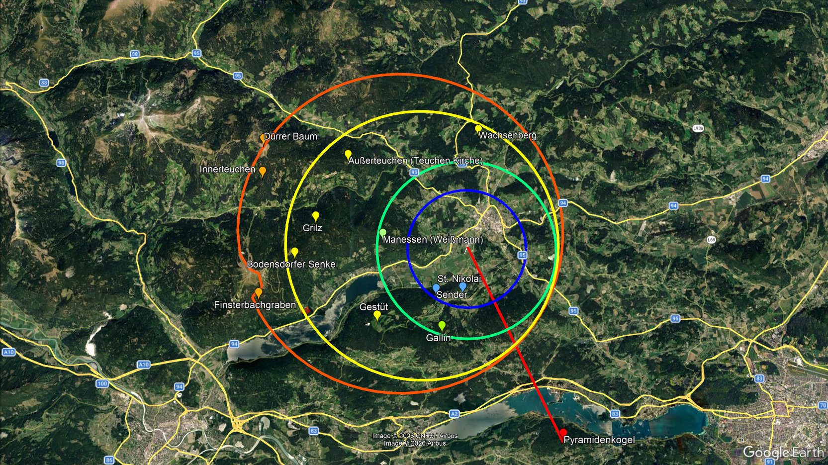 Karte mit Schlepphöhen und Ausklinkpunkten rund um Feldkirchen